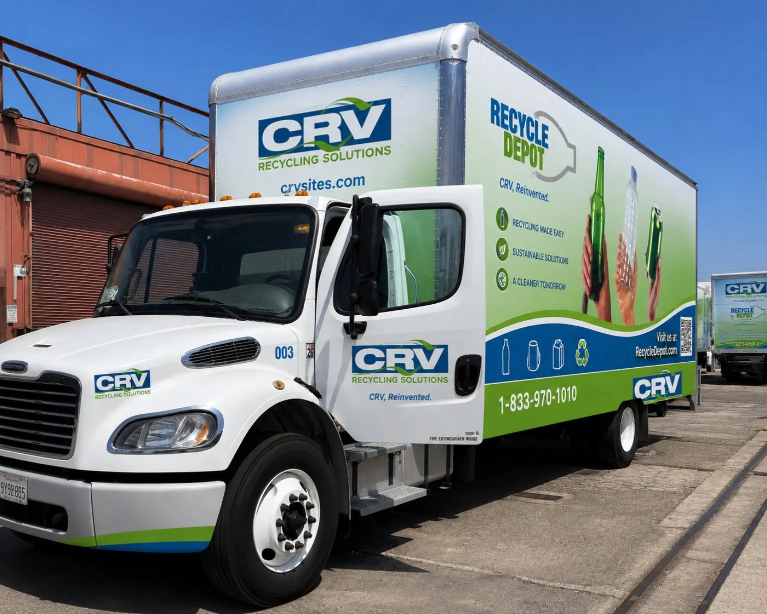 White CRV Recycling Solutions mobile truck with blue and green Recycle Depot branding