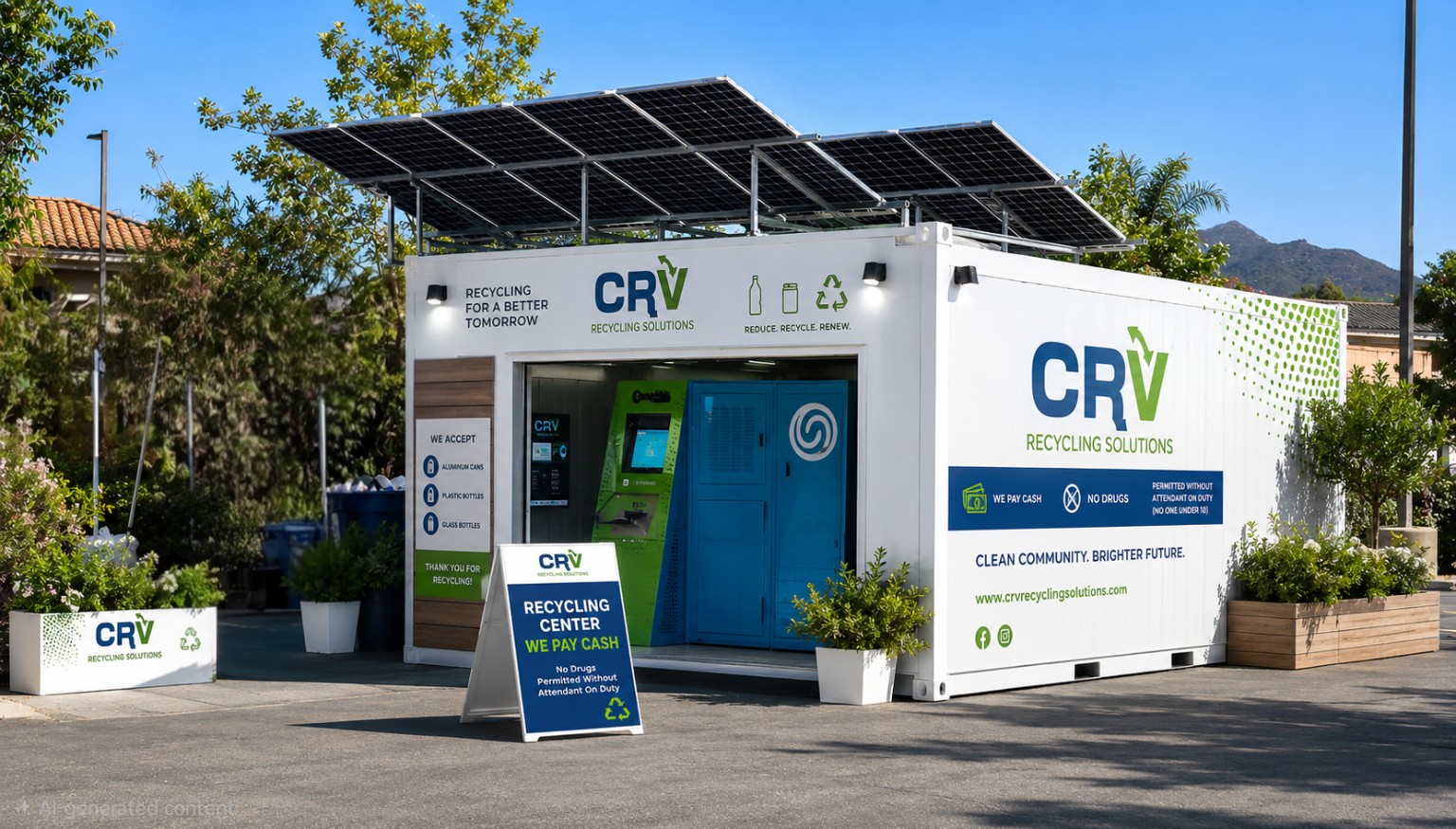 Concept rendering of a white solar-powered modular CRV recycling center