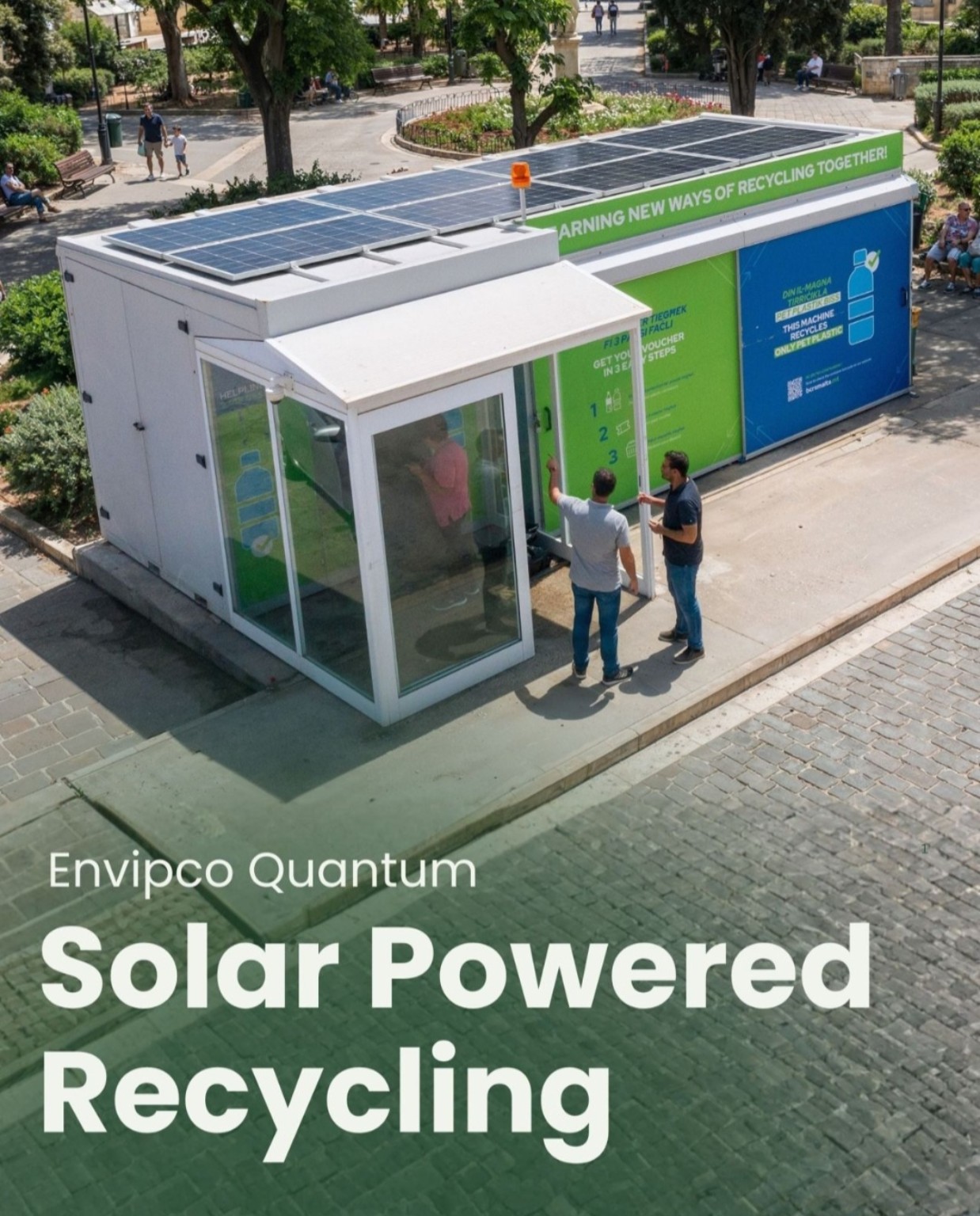 Envipco QUANTUM container-return system shown with solar panels; commissioning status is unverified