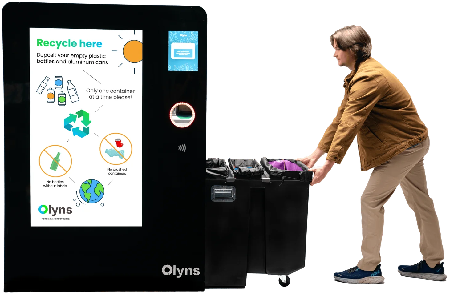 Olyns recycling Cube beside a worker moving its collection bins