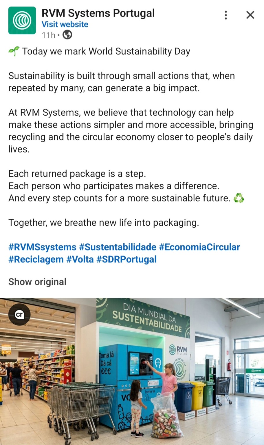 RVM Systems reverse-vending machine installed inside a supermarket in Portugal with a customer returning beverage containers