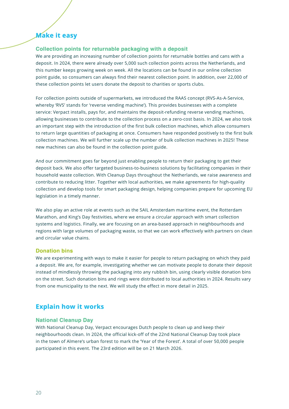 Official Verpact report page describing collection points, reverse-vending as a service and bulk machines